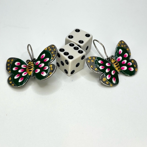Bold Enamel Butterfly Earrings Green Floral Wings Heavy Dangle Pierced Earrings - Picture 7 of 10